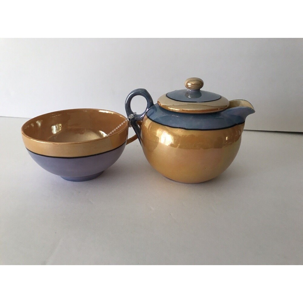 Lusterware Iridescent Blue /Peach Creamer/Cup Shakers Set Vintage Made In Japan